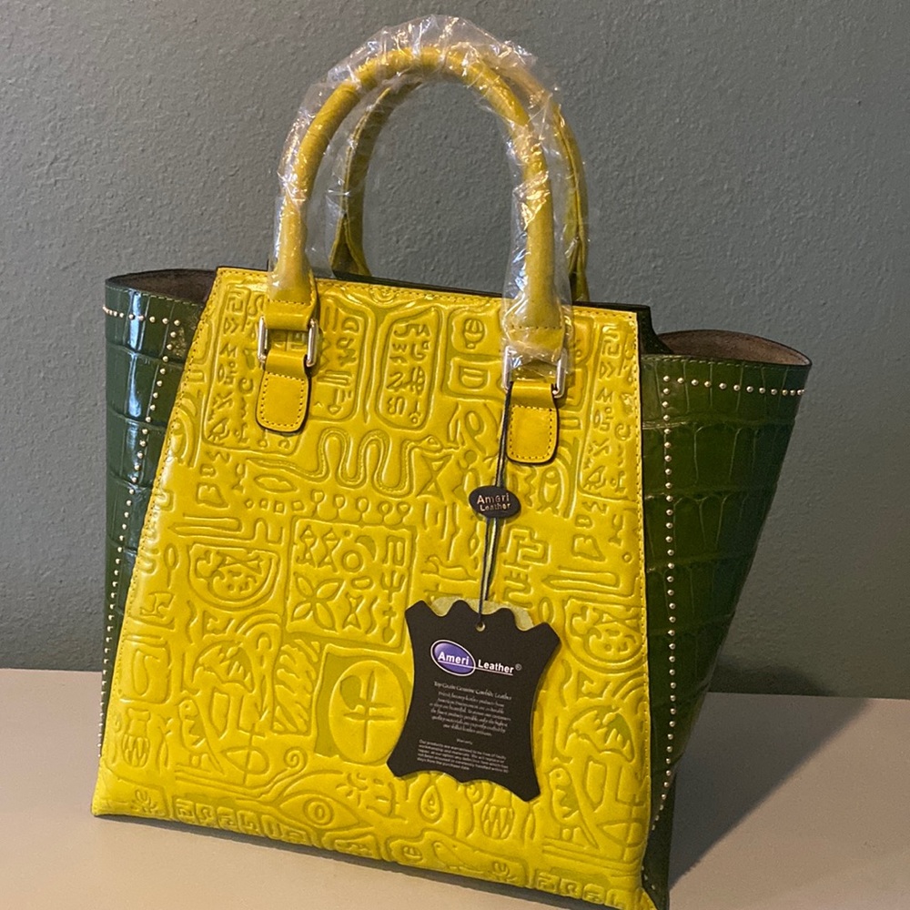 Amerileather olive and Forrest green croc embossed Morrison bag